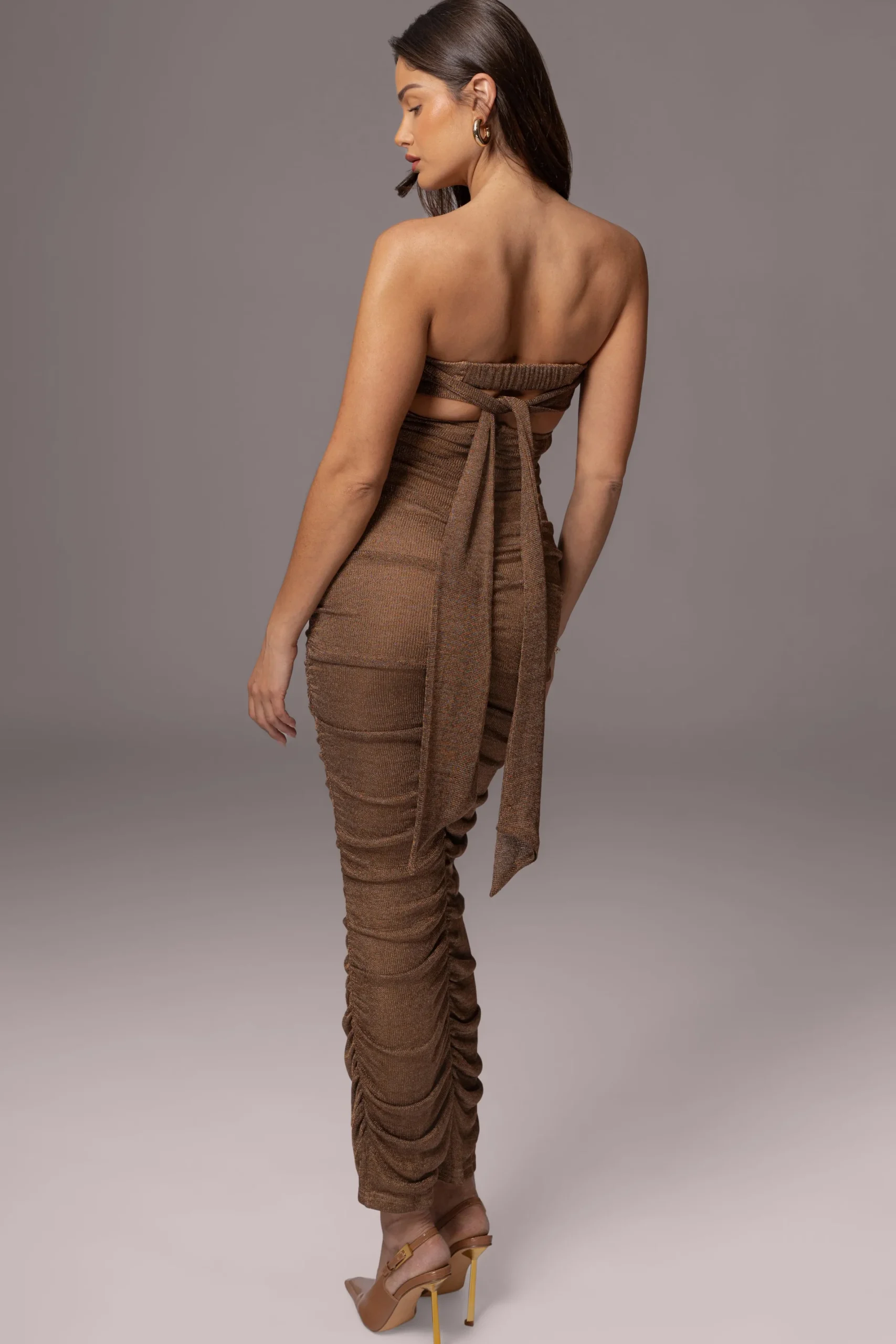 JLUXLABEL Bronze Ruched Metallic Maxi Dress