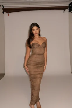 JLUXLABEL Bronze Ruched Metallic Maxi Dress
