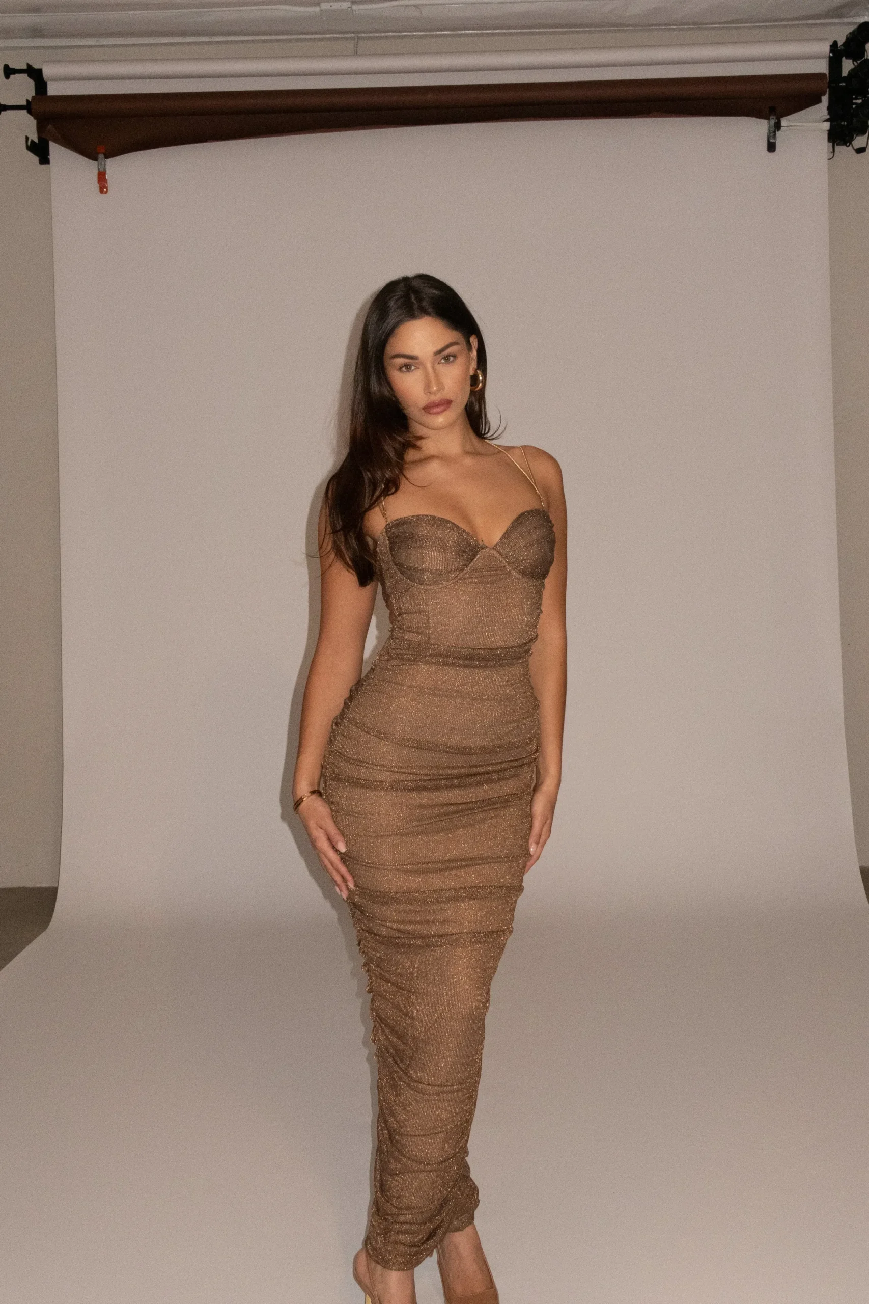 JLUXLABEL Bronze Ruched Metallic Maxi Dress