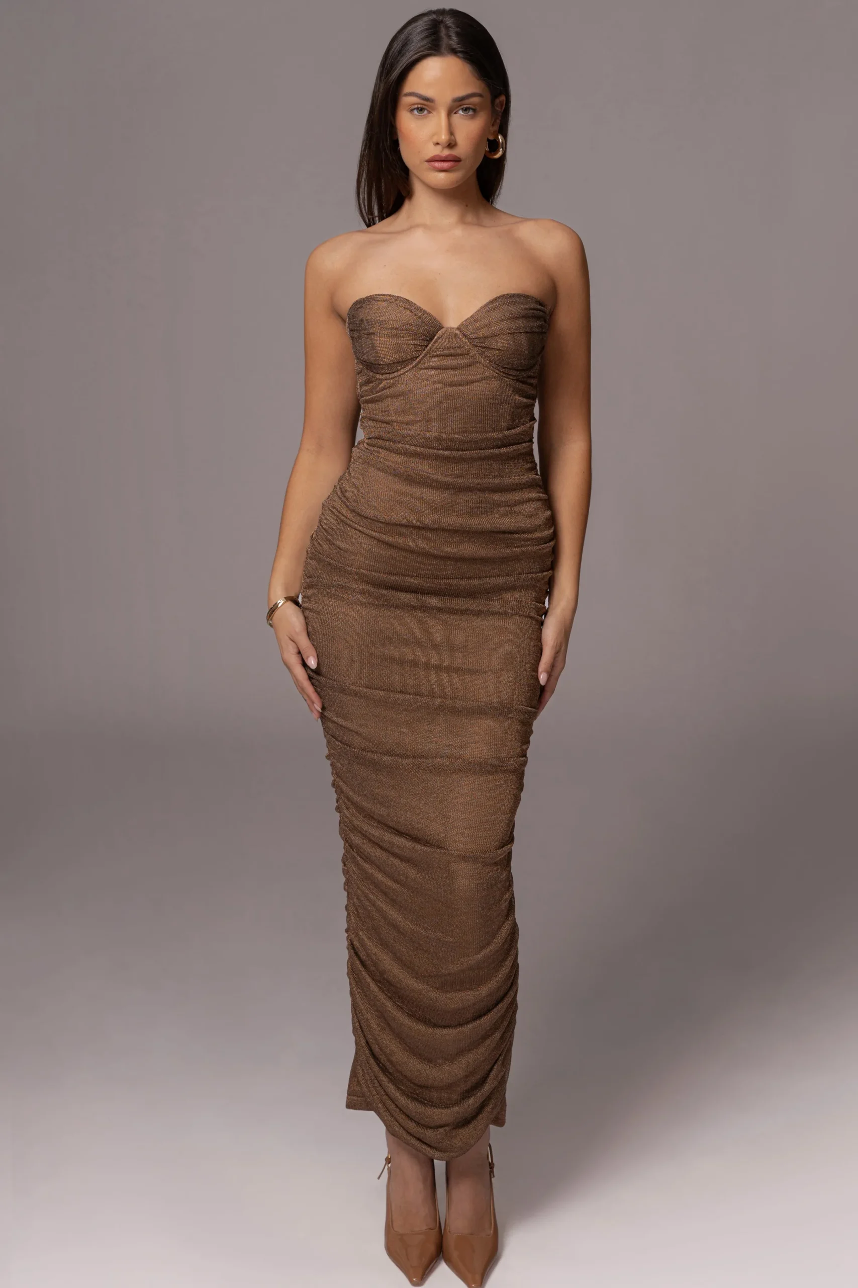 JLUXLABEL Bronze Ruched Metallic Maxi Dress