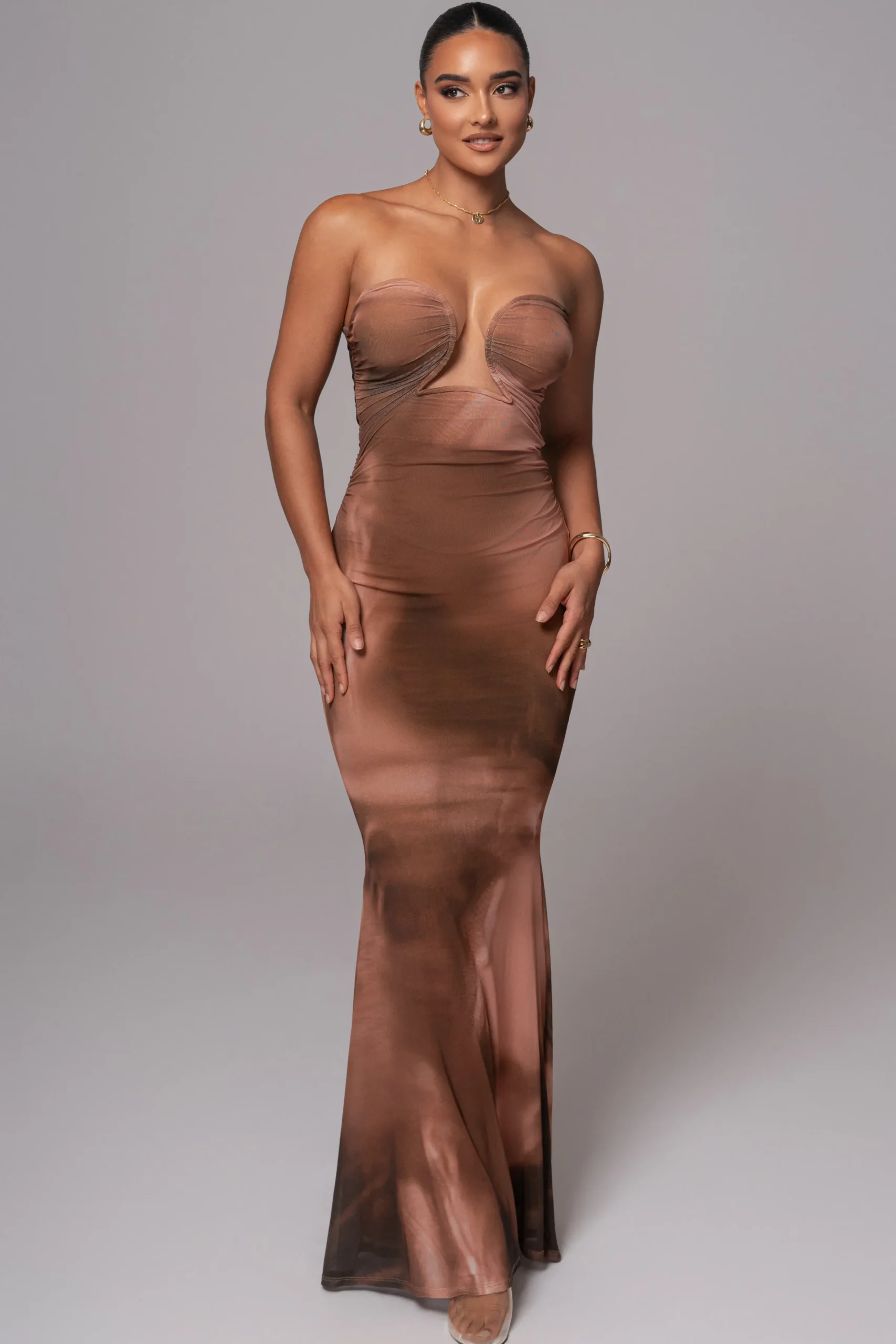 JLUXLABEL Brown Abstract Bethany Strapless Maxi Dress