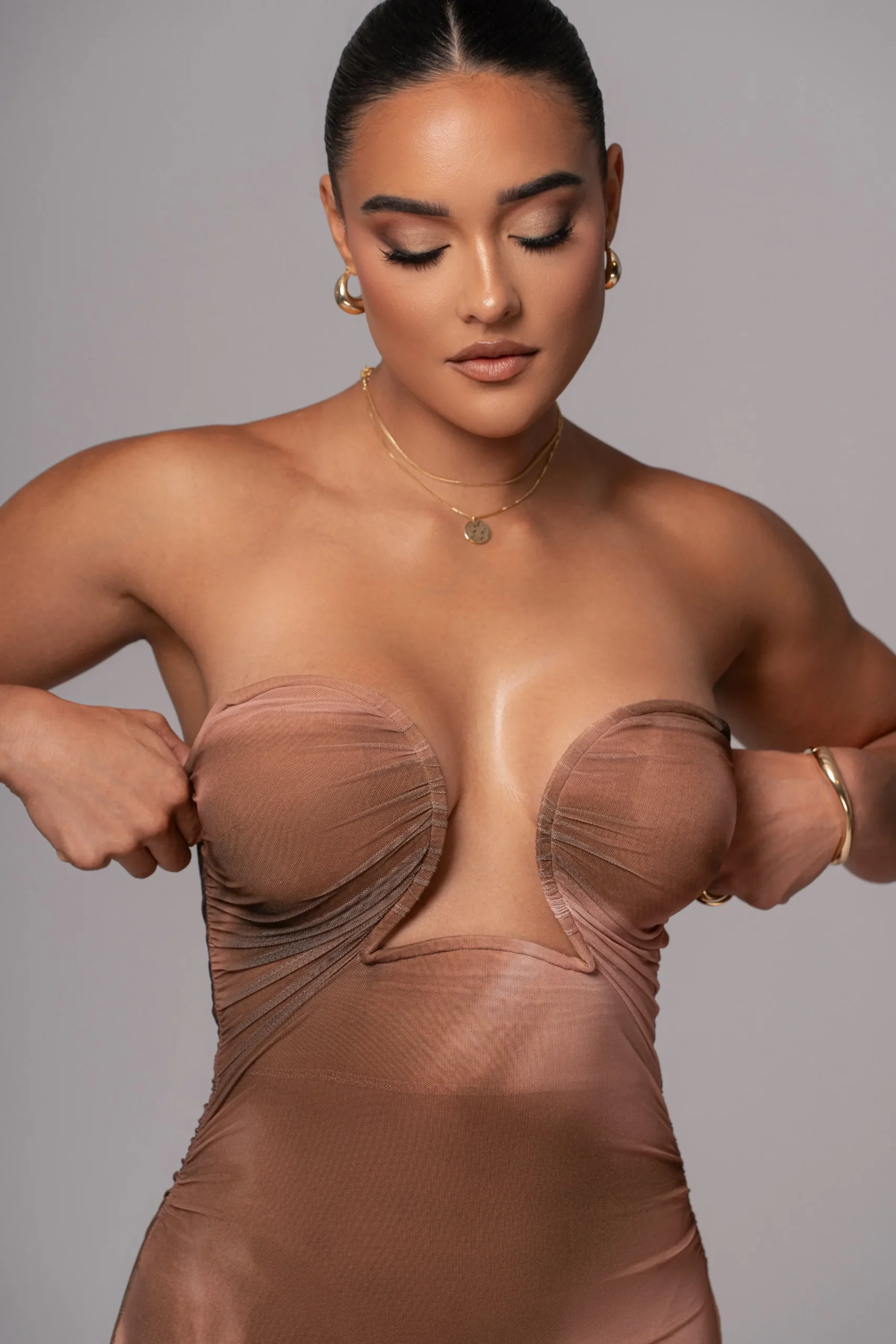 JLUXLABEL Brown Abstract Bethany Strapless Maxi Dress