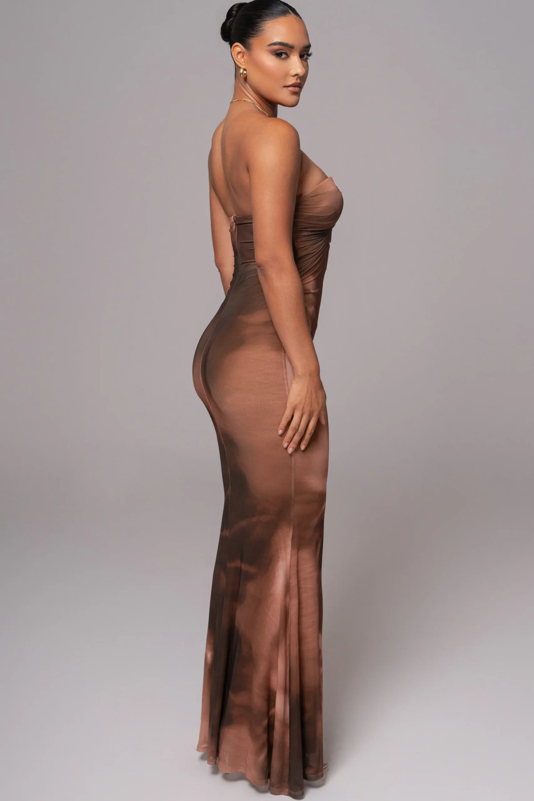 JLUXLABEL Brown Abstract Bethany Strapless Maxi Dress