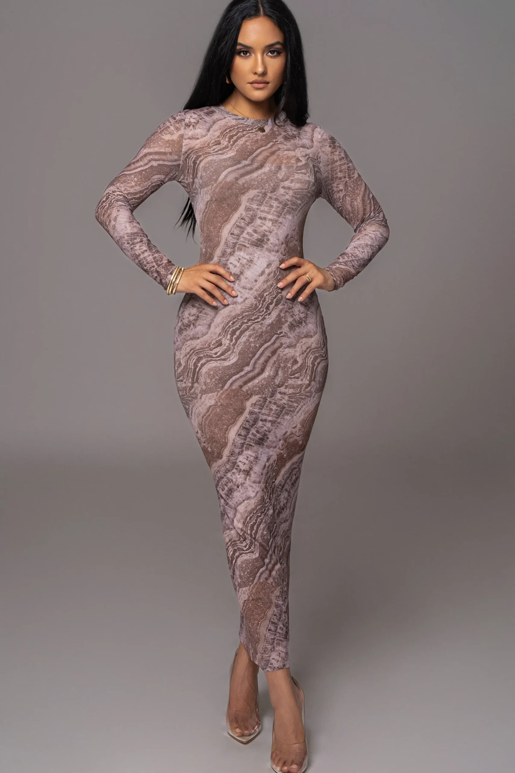 JLUXLABEL Brown Multi Solana Mesh Maxi Dress