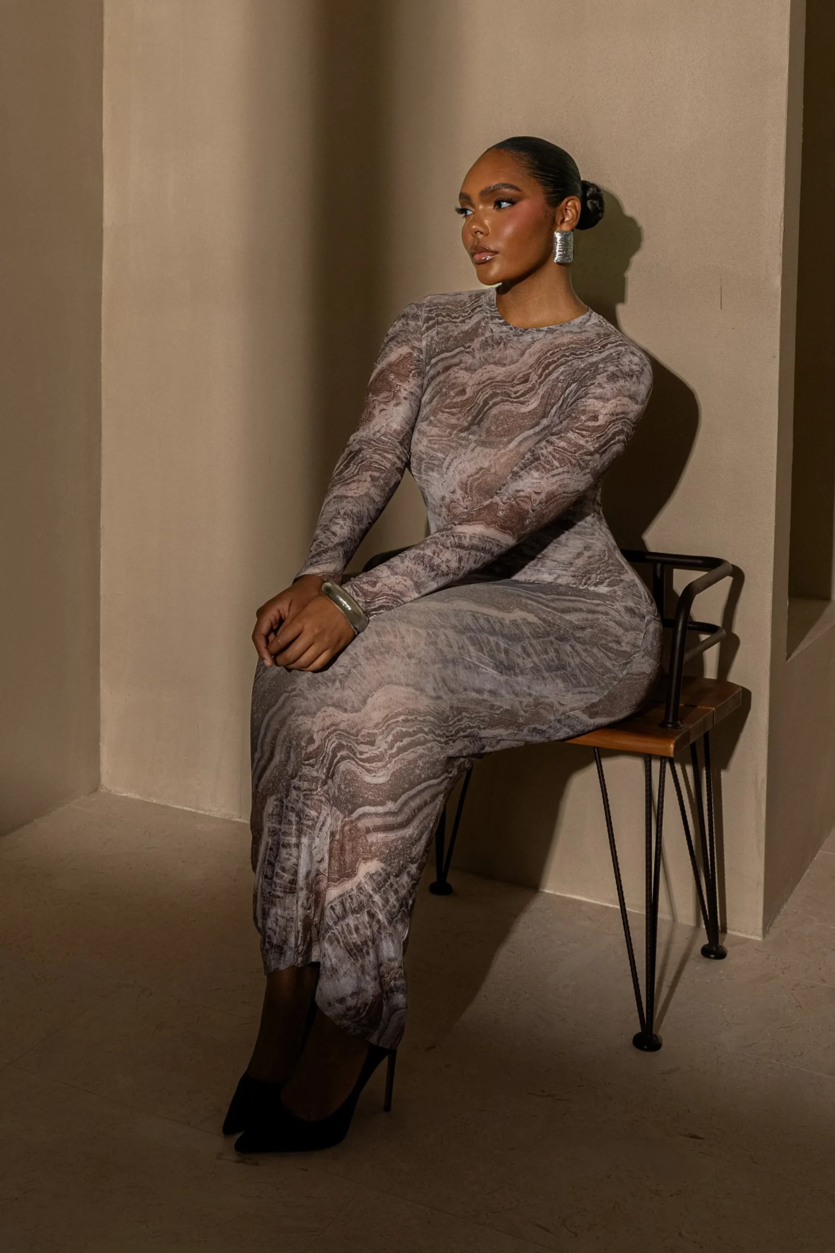 JLUXLABEL Brown Multi Solana Mesh Maxi Dress