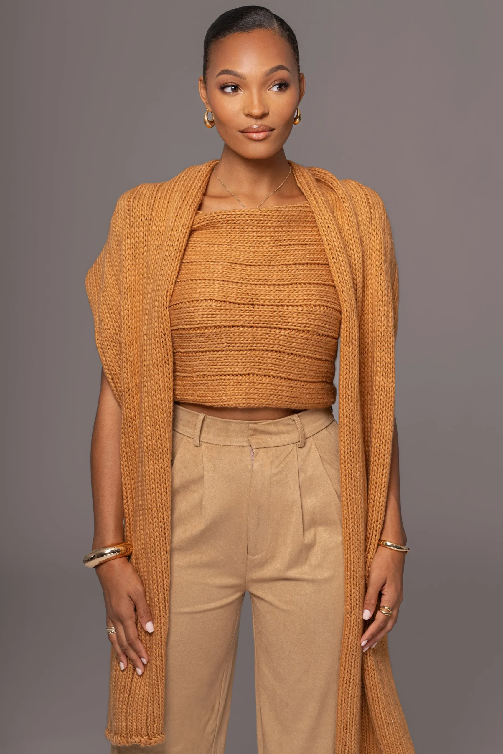 JLUXLABEL Camel Soft Life Cable Knit Sweater Top