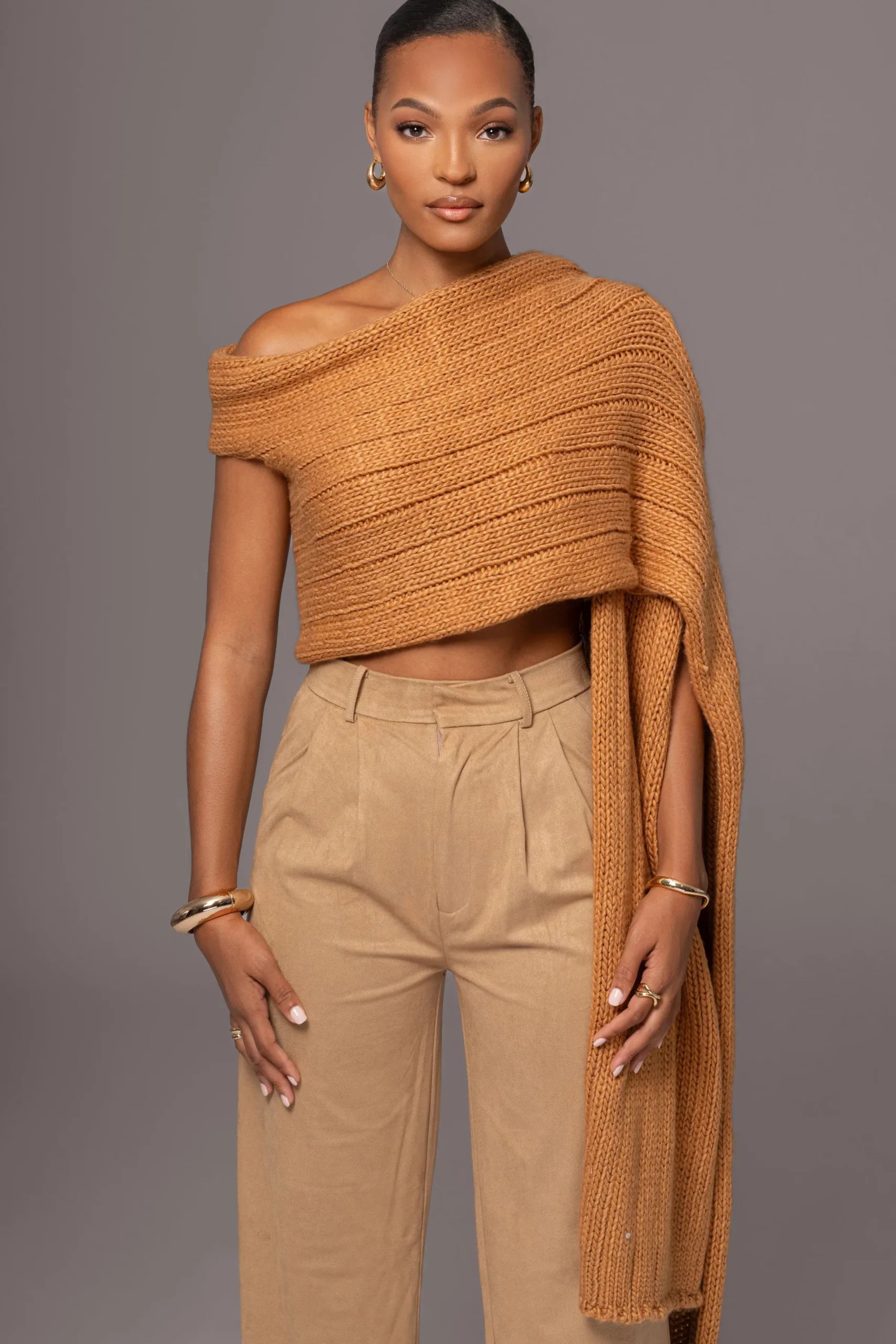 JLUXLABEL Camel Soft Life Cable Knit Sweater Top