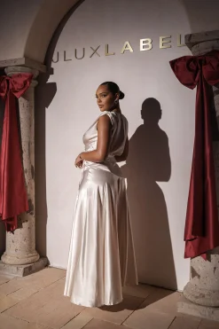 JLUXLABEL Champagne Amalia Satin Maxi Dress