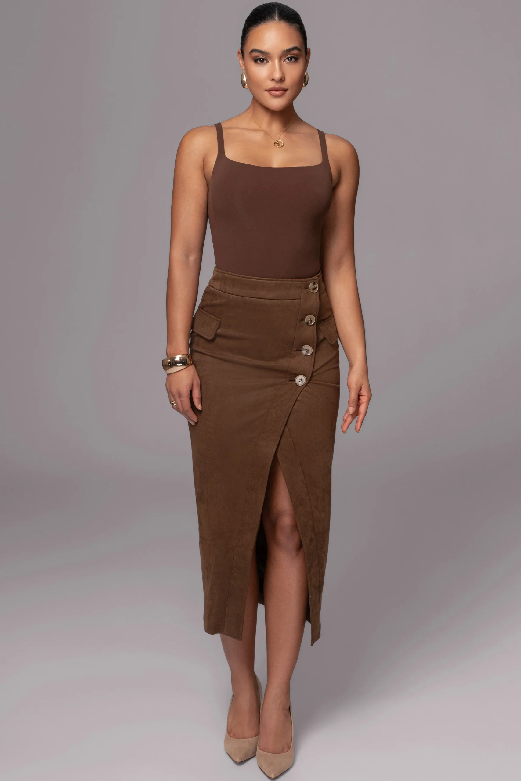 JLUXLABEL Chocolate Audrey Suede Midi Skirt