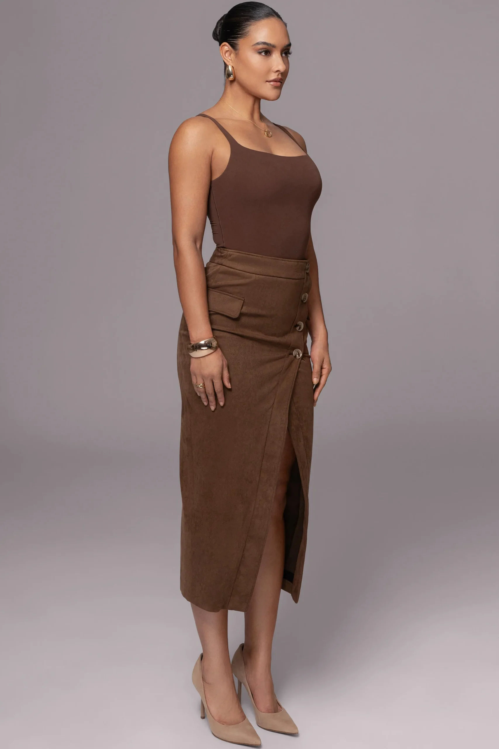 JLUXLABEL Chocolate Audrey Suede Midi Skirt
