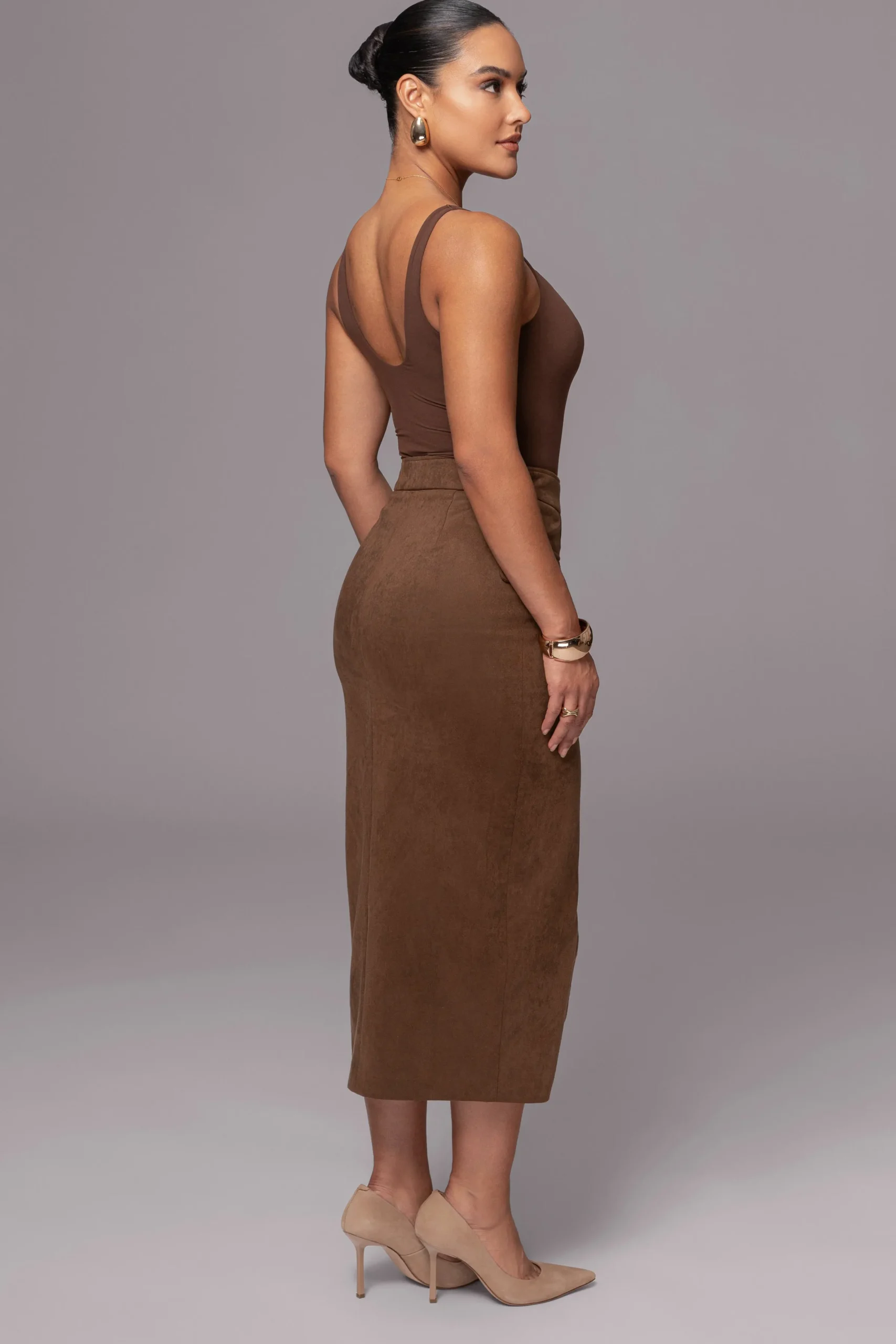 JLUXLABEL Chocolate Audrey Suede Midi Skirt