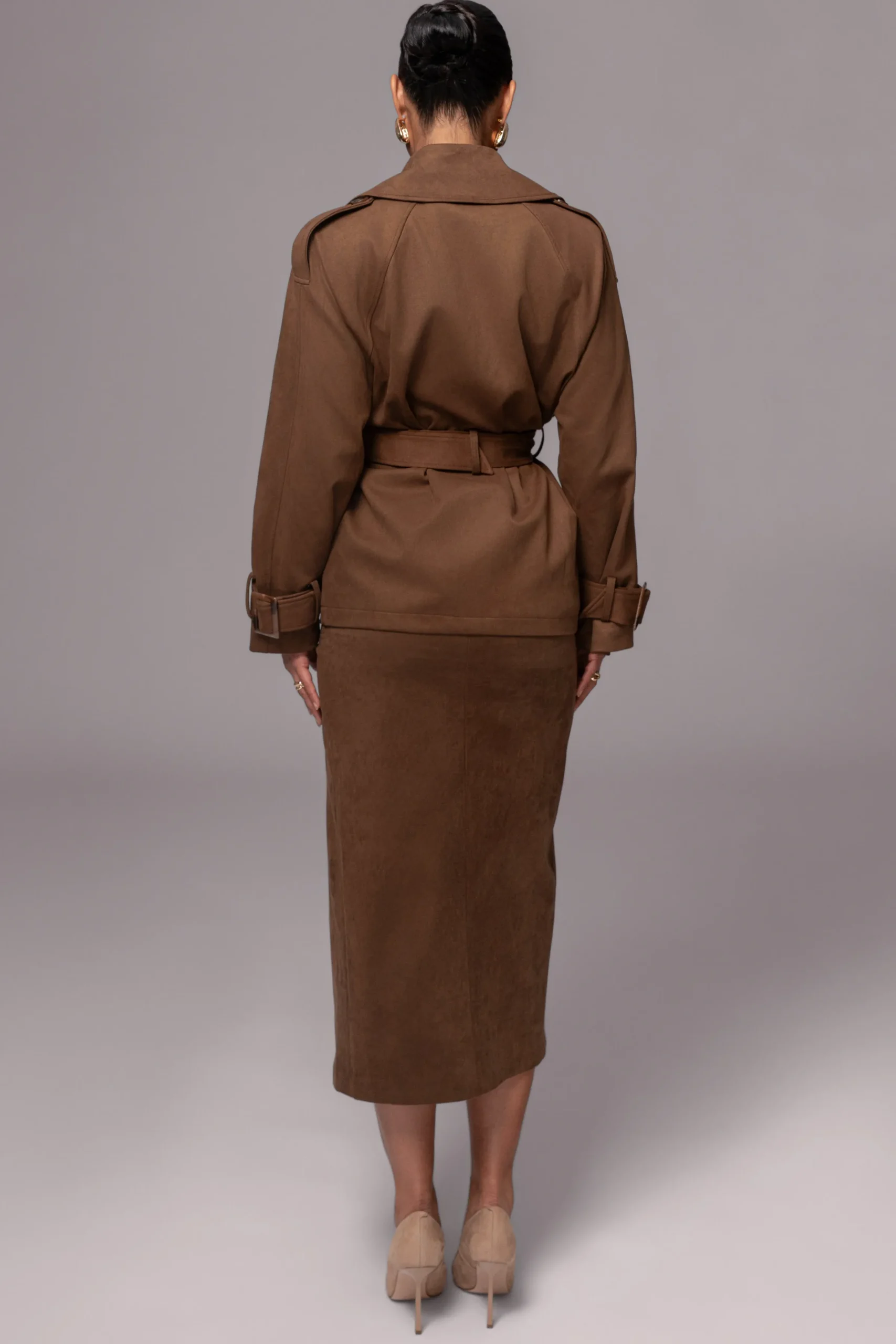 JLUXLABEL Chocolate Audrey Suede Midi Skirt