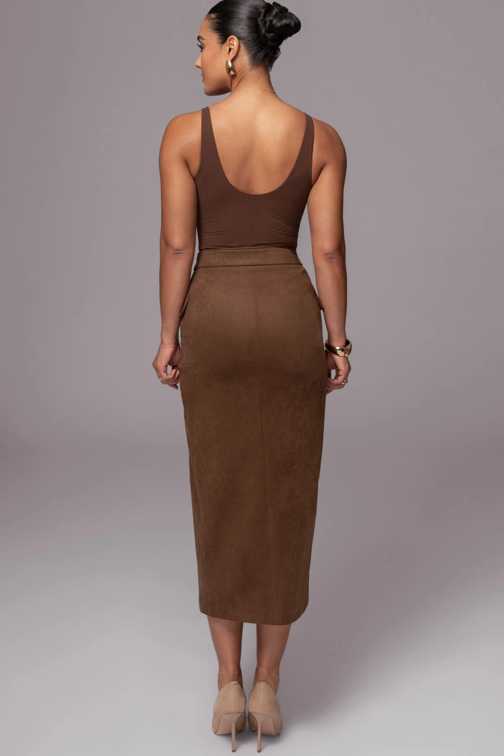 JLUXLABEL Chocolate Audrey Suede Midi Skirt