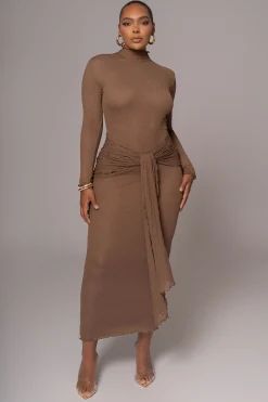 JLUXLABEL Chocolate Drape Mock Neck Dress