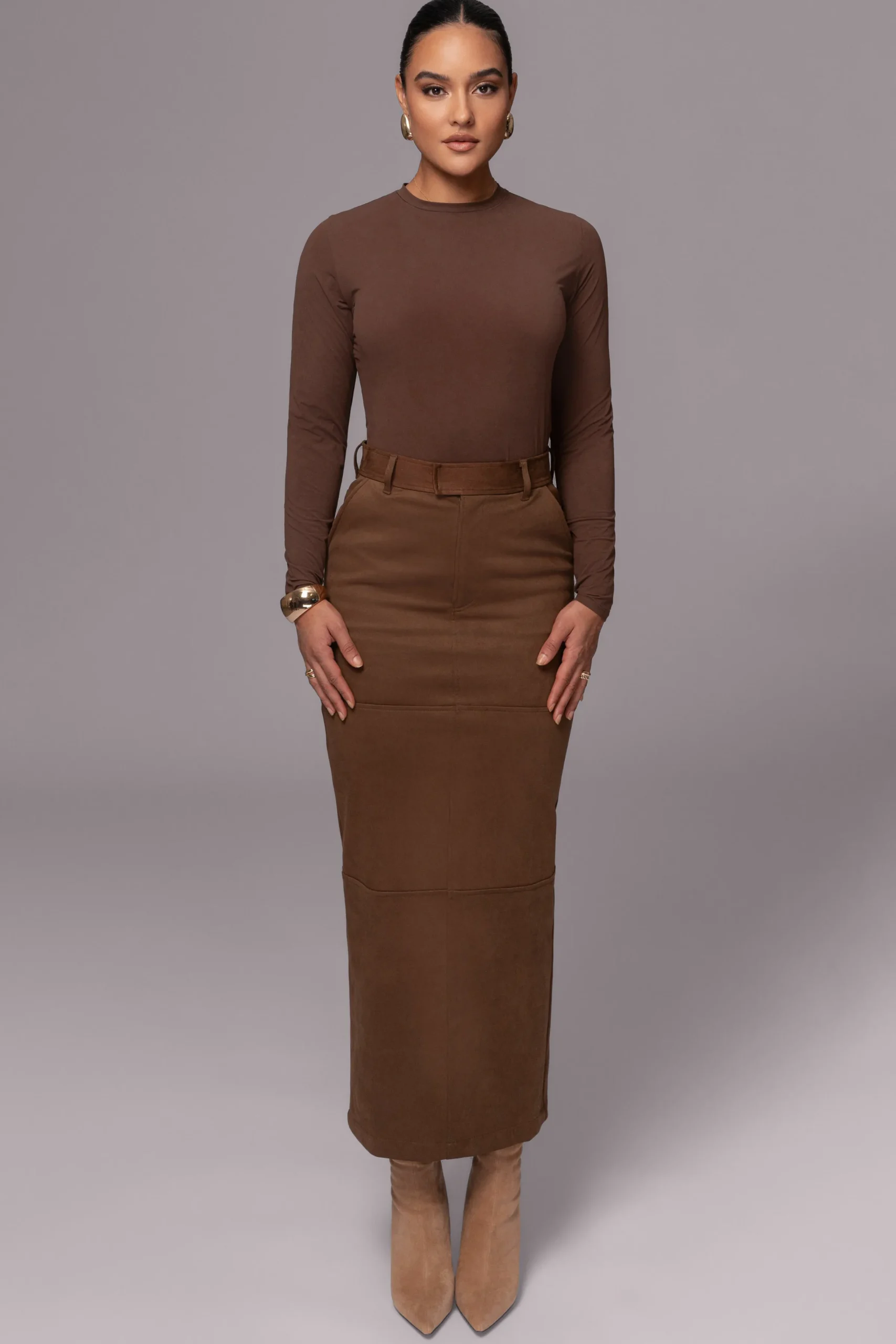 JLUXLABEL Chocolate Joy Suede Maxi Skirt