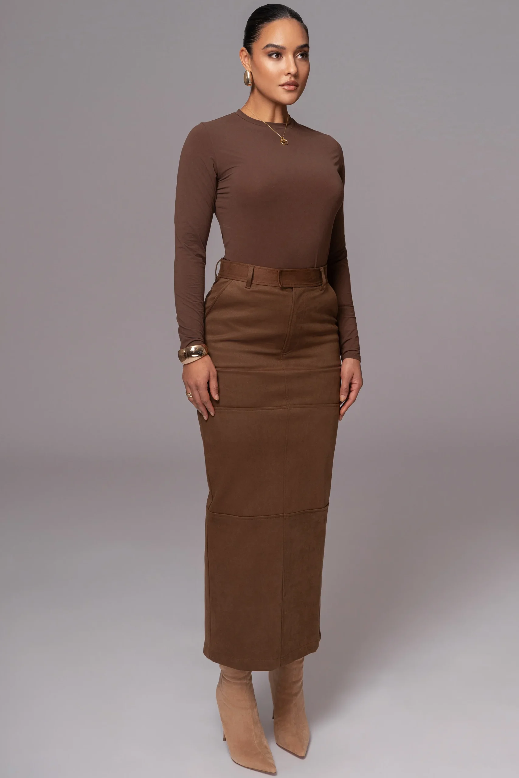 JLUXLABEL Chocolate Joy Suede Maxi Skirt