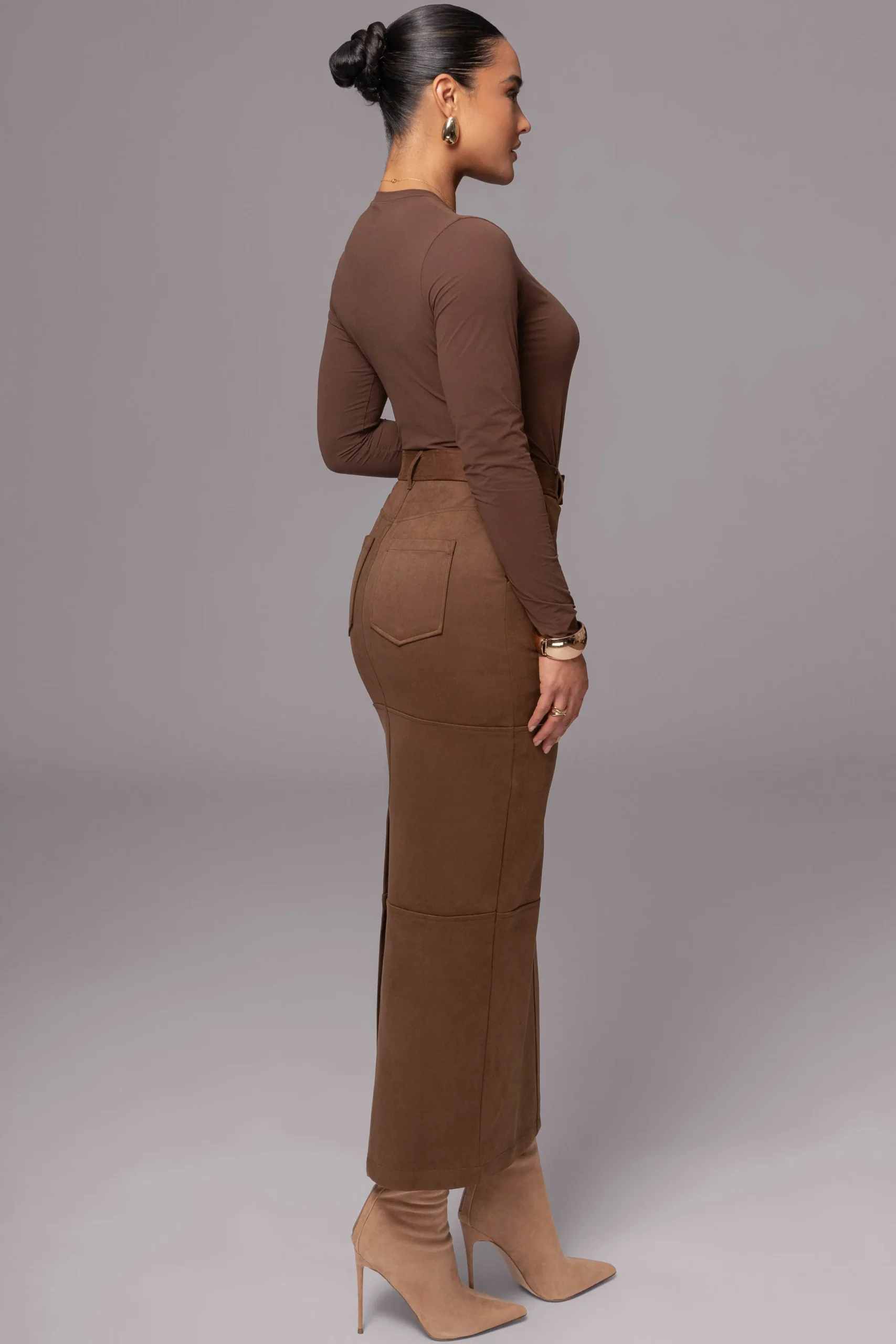 JLUXLABEL Chocolate Joy Suede Maxi Skirt