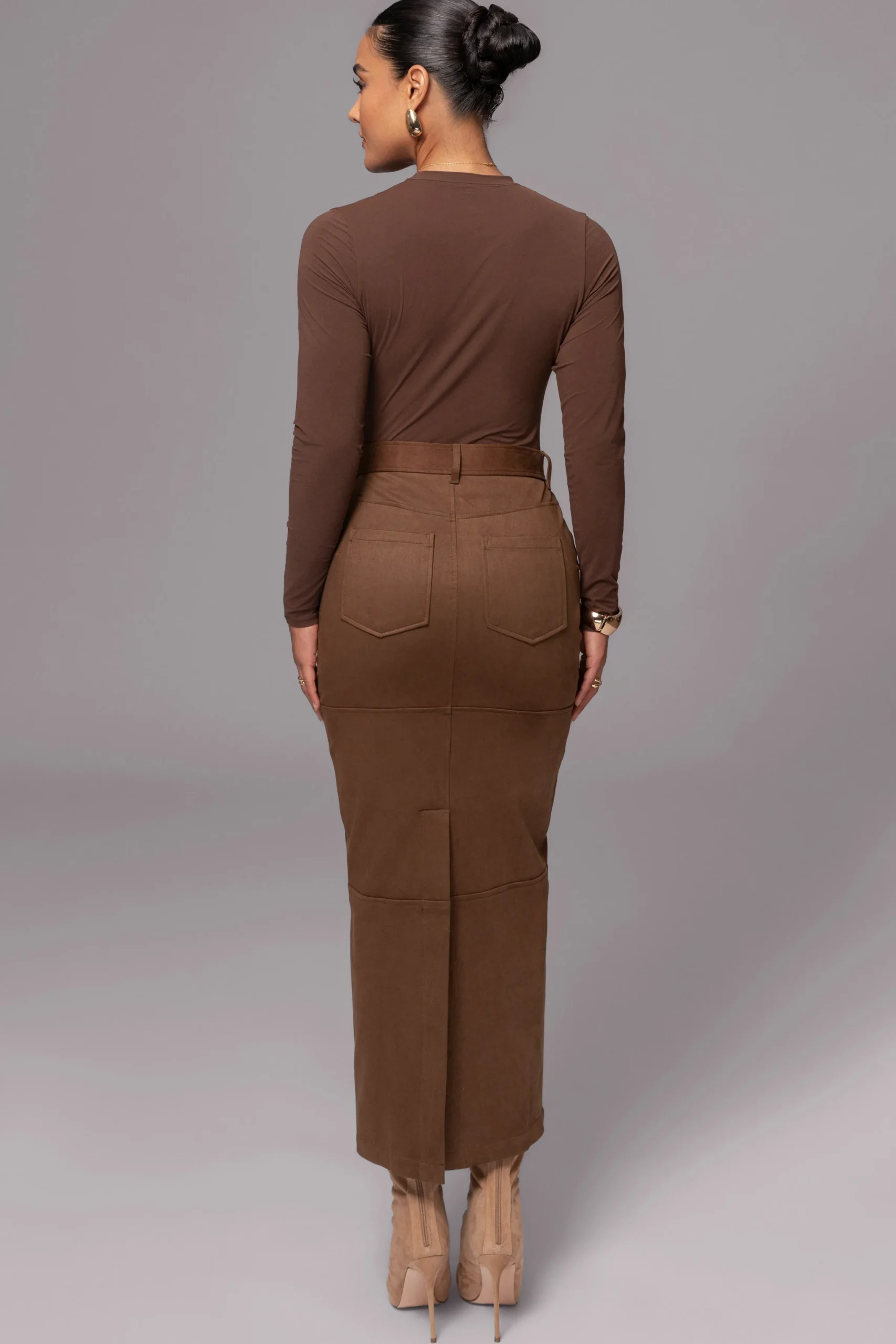 JLUXLABEL Chocolate Joy Suede Maxi Skirt