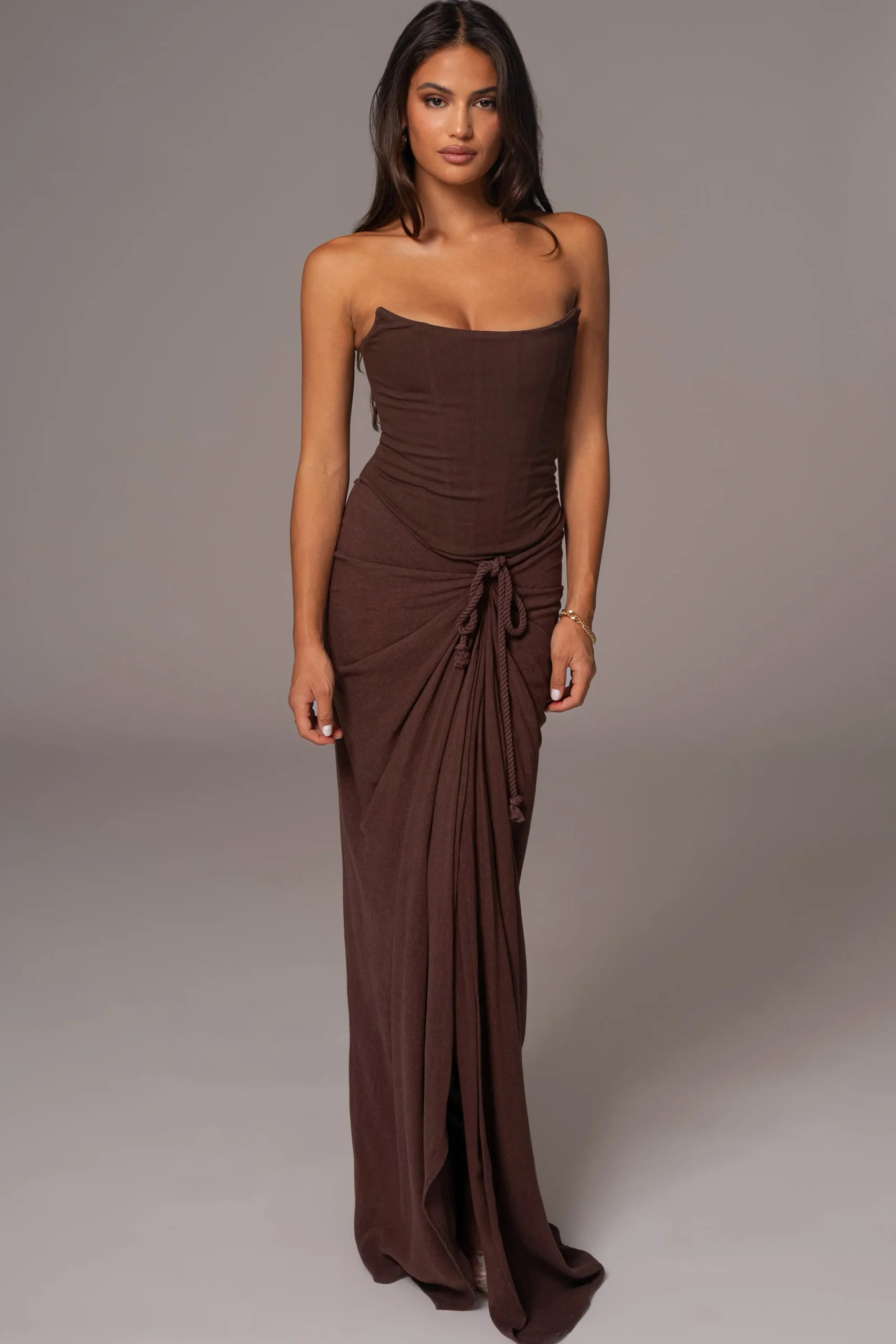 JLUXLABEL Chocolate Noelia Linen Slit Skirt