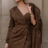 JLUXLABEL Chocolate One Shoulder Suede Blazer Dress