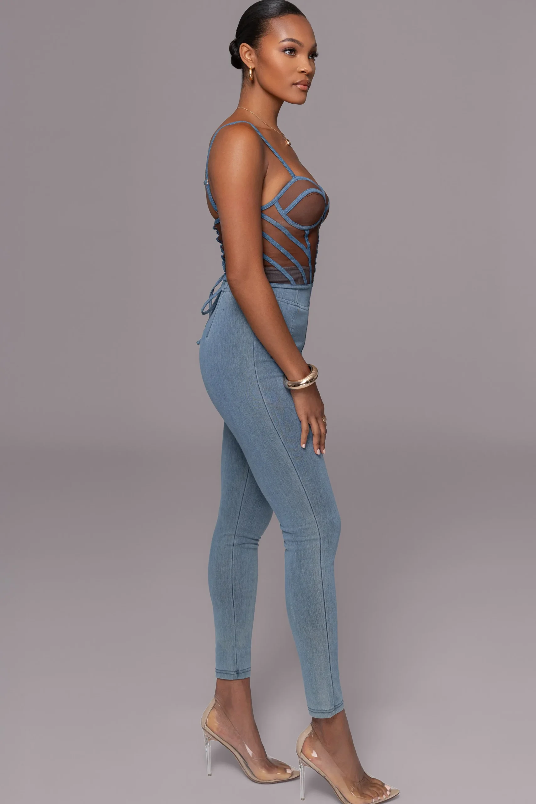 JLUXLABEL Dark Denim Illusion Mesh Bustier