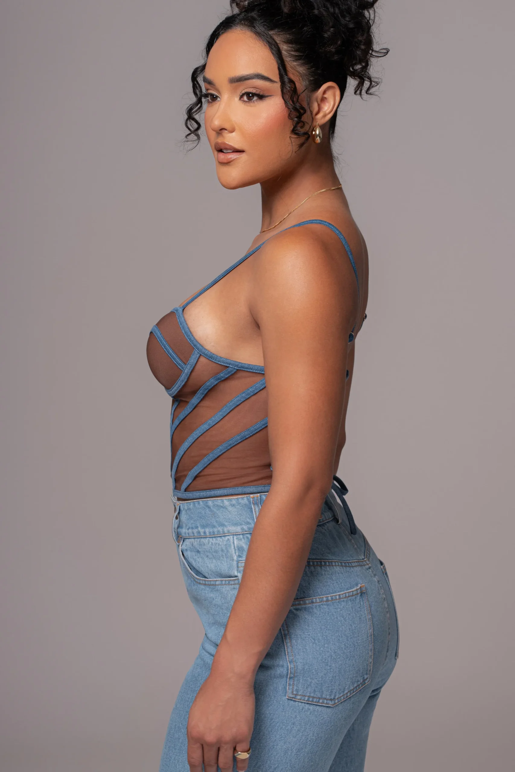 JLUXLABEL Dark Denim Illusion Mesh Bustier