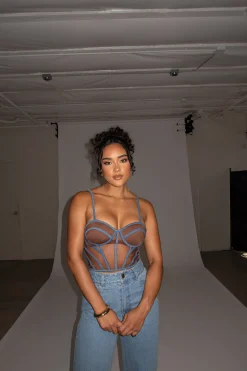 JLUXLABEL Dark Denim Illusion Mesh Bustier