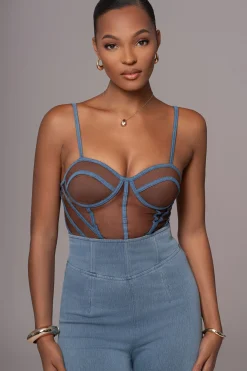 JLUXLABEL Dark Denim Illusion Mesh Bustier