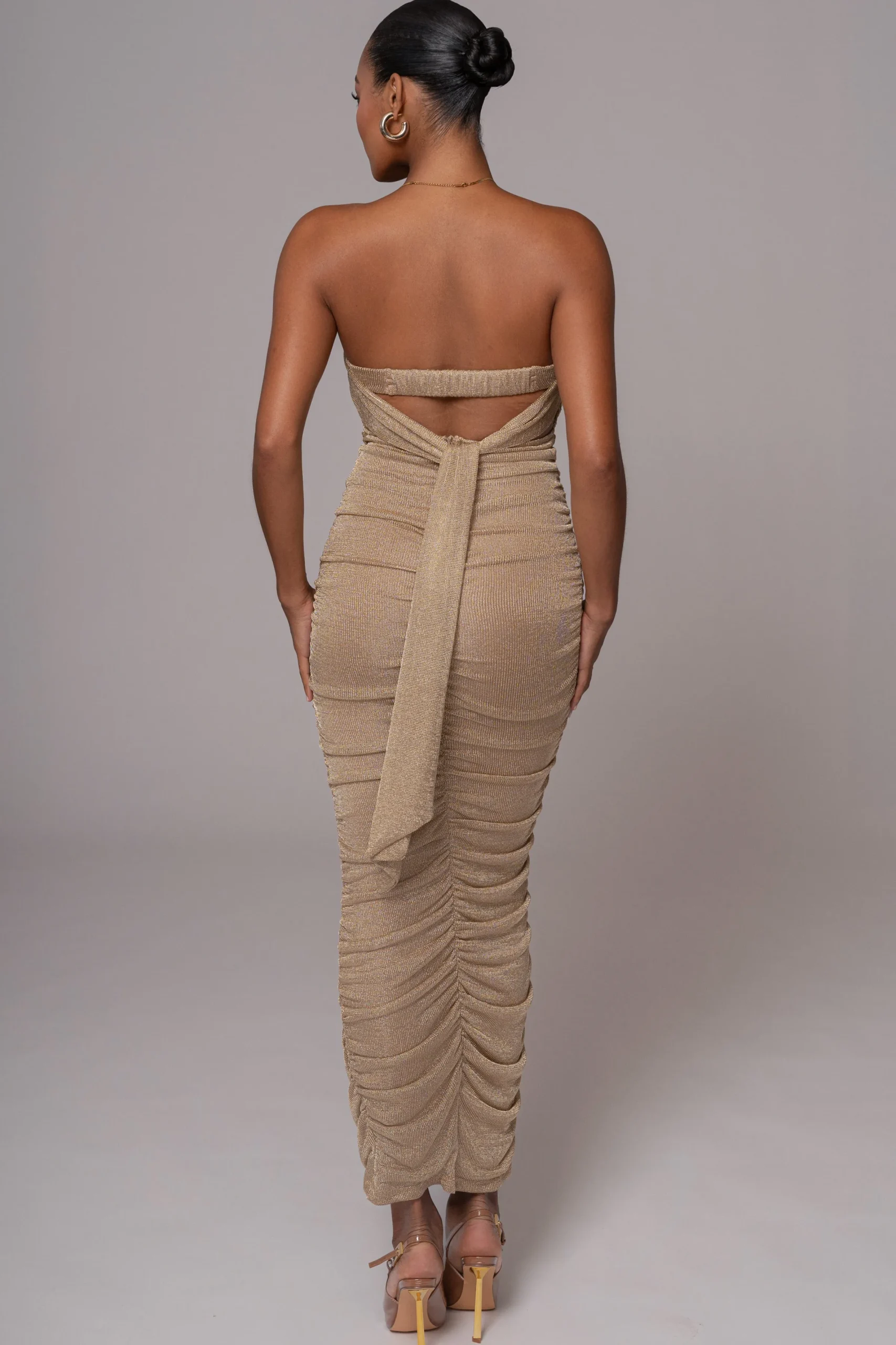 JLUXLABEL Gold Ruched Metallic Maxi Dress