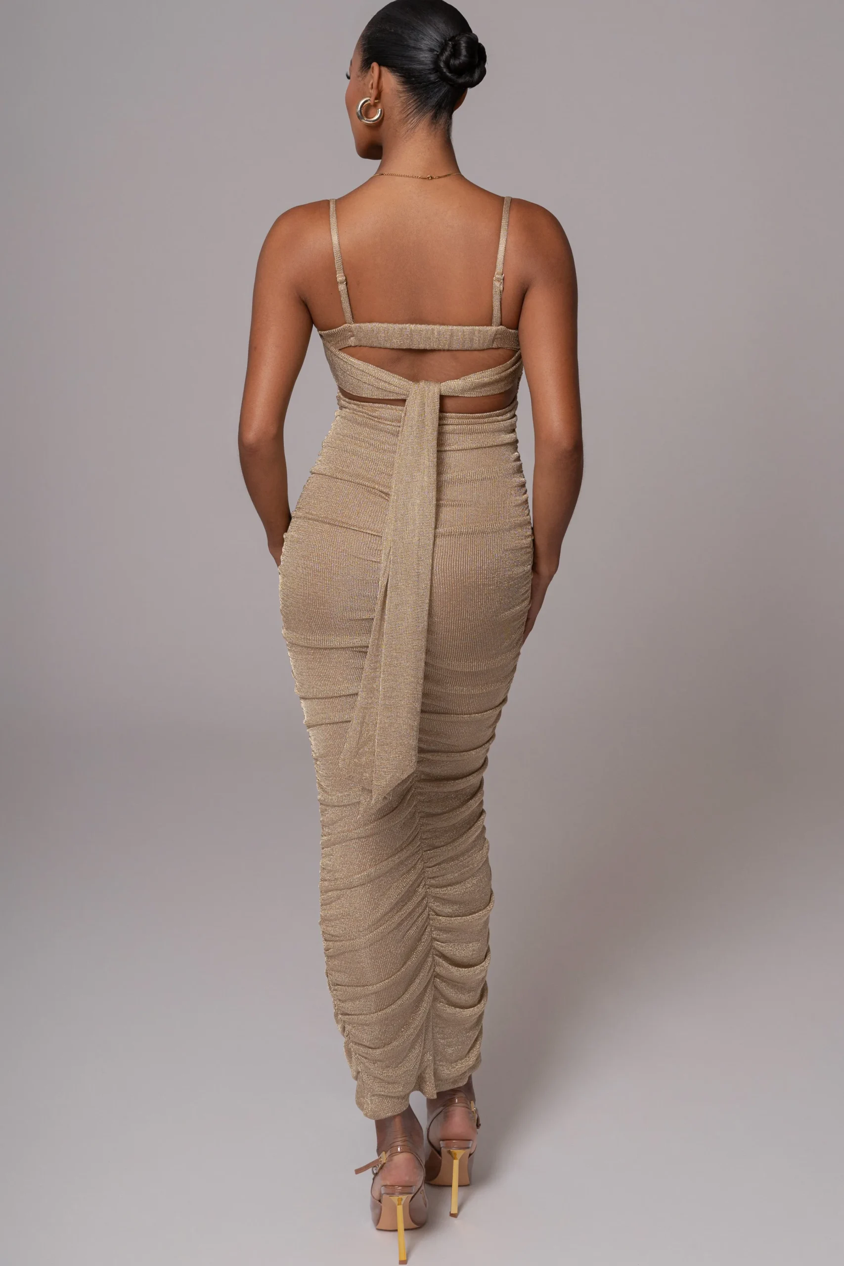 JLUXLABEL Gold Ruched Metallic Maxi Dress