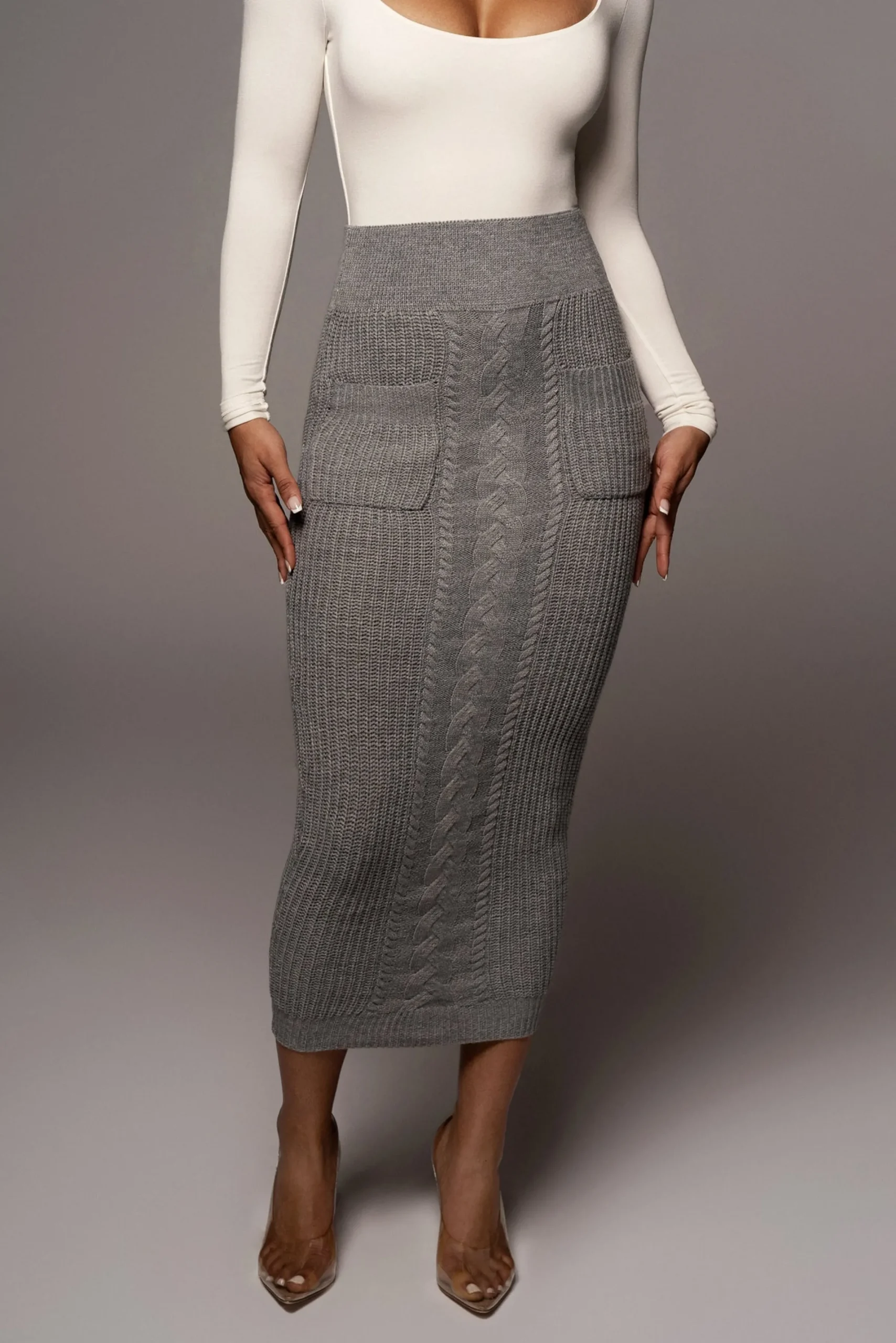 JLUXLABEL Grey Missy Cable Sweater Midi Skirt