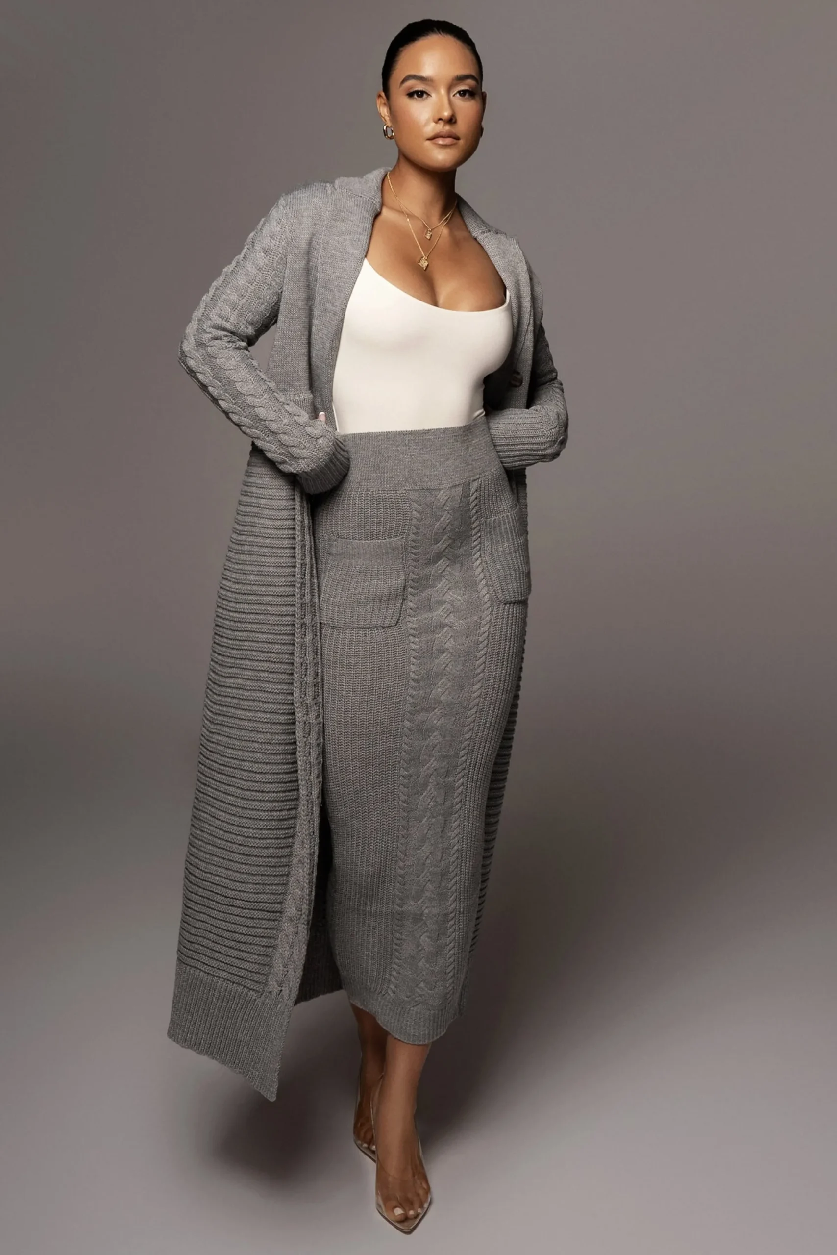 JLUXLABEL Grey Missy Cable Sweater Midi Skirt
