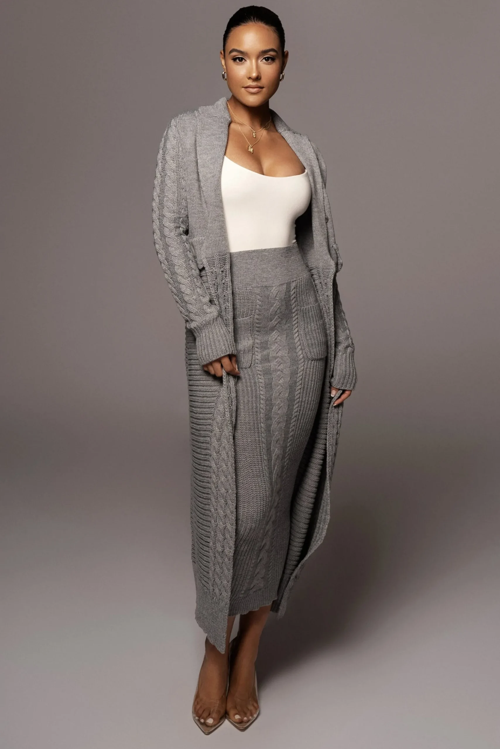 JLUXLABEL Grey Missy Cable Sweater Midi Skirt