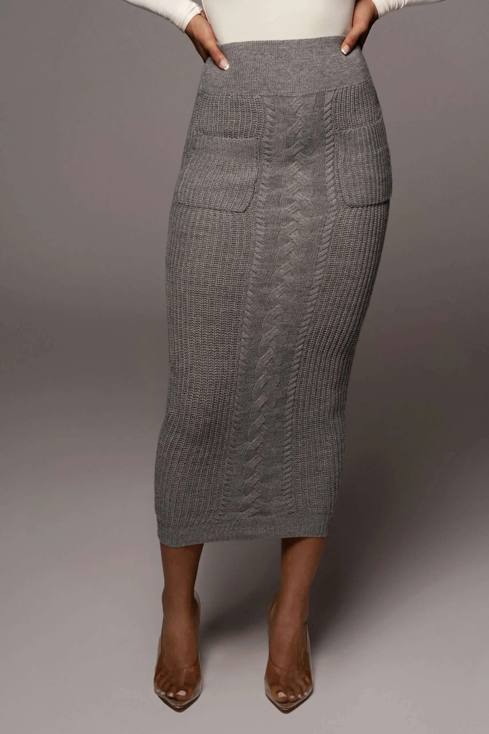 JLUXLABEL Grey Missy Cable Sweater Midi Skirt