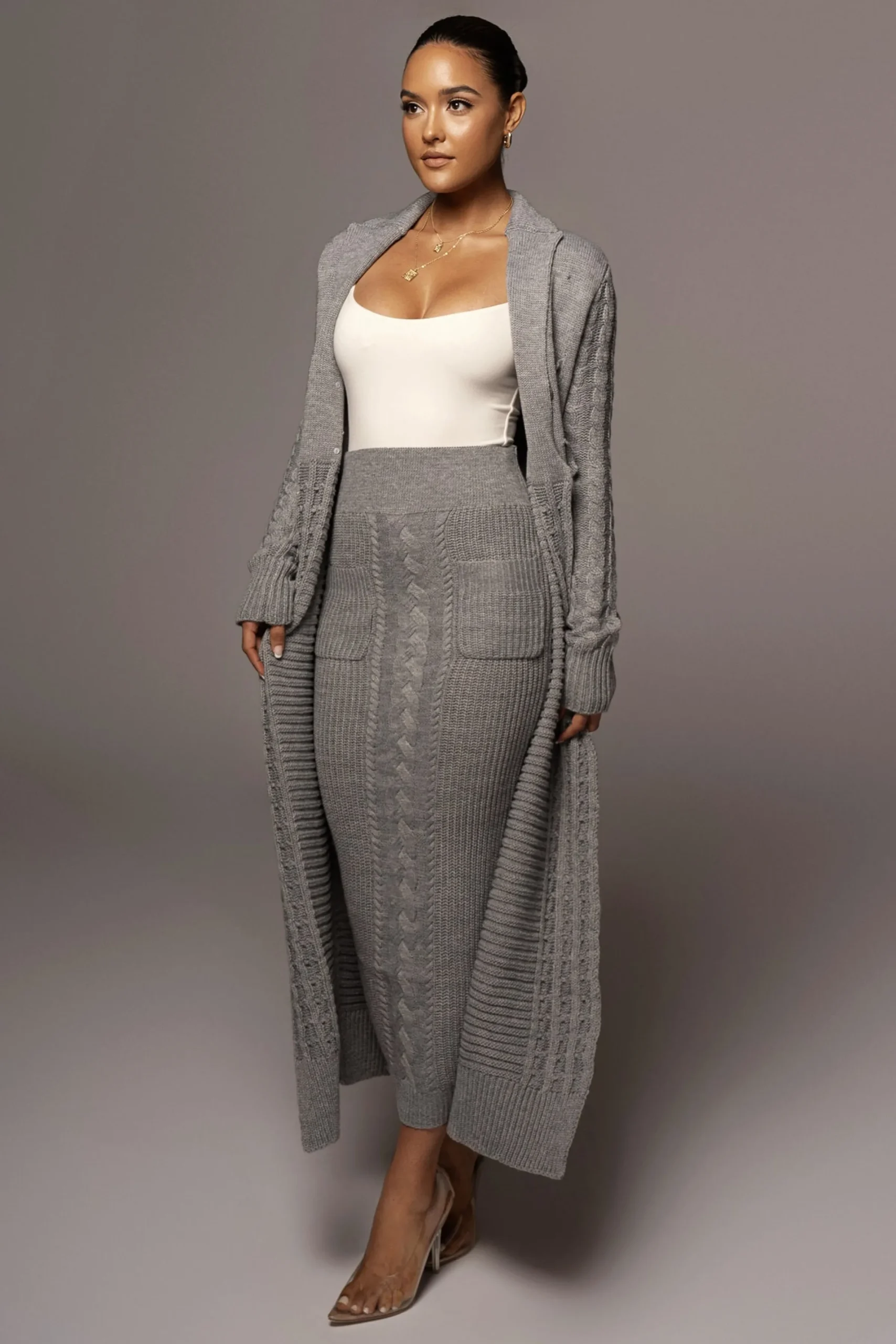 JLUXLABEL Grey Missy Cable Sweater Midi Skirt