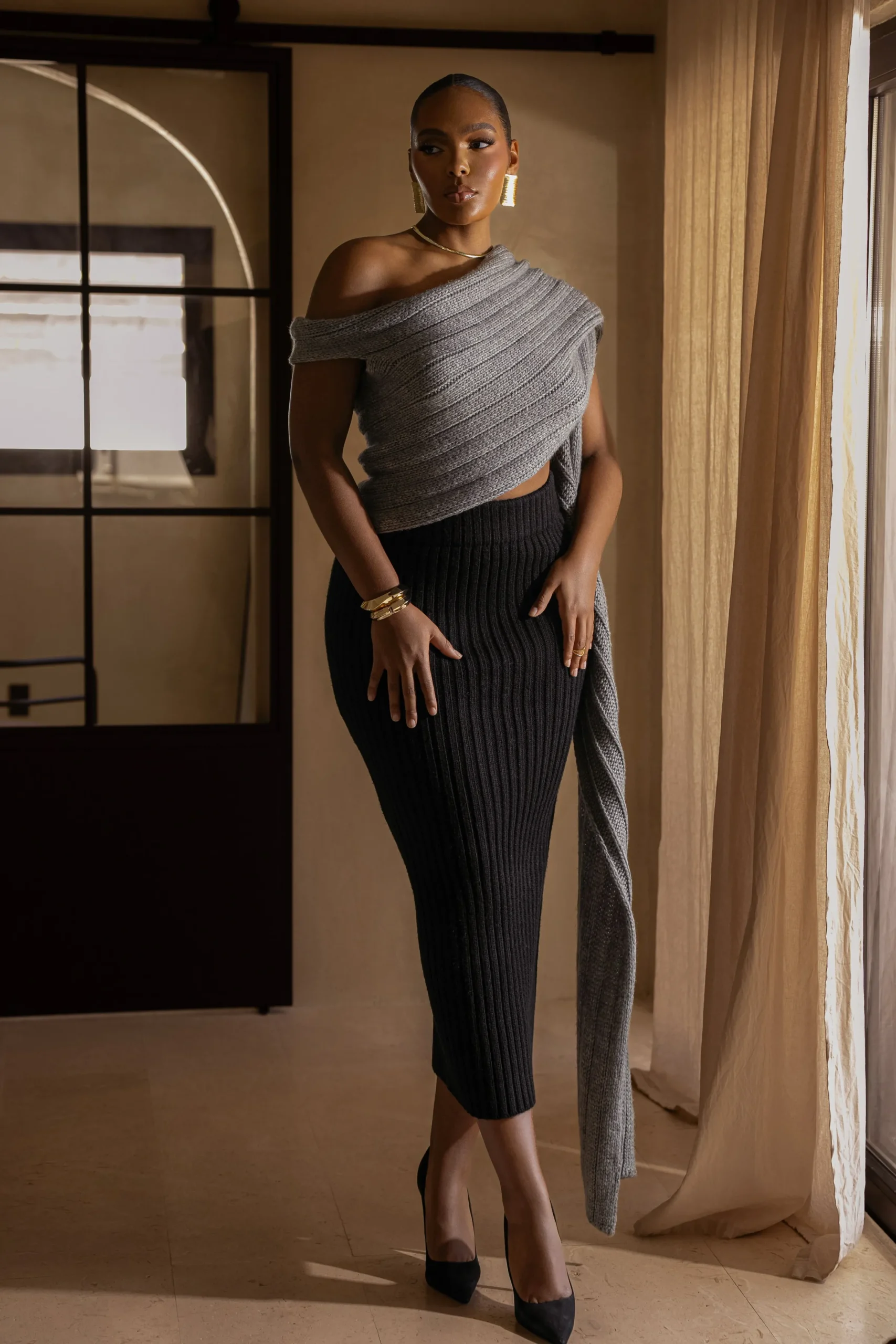 JLUXLABEL Grey Soft Life Cable Knit Sweater Top