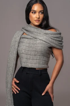 JLUXLABEL Grey Soft Life Cable Knit Sweater Top
