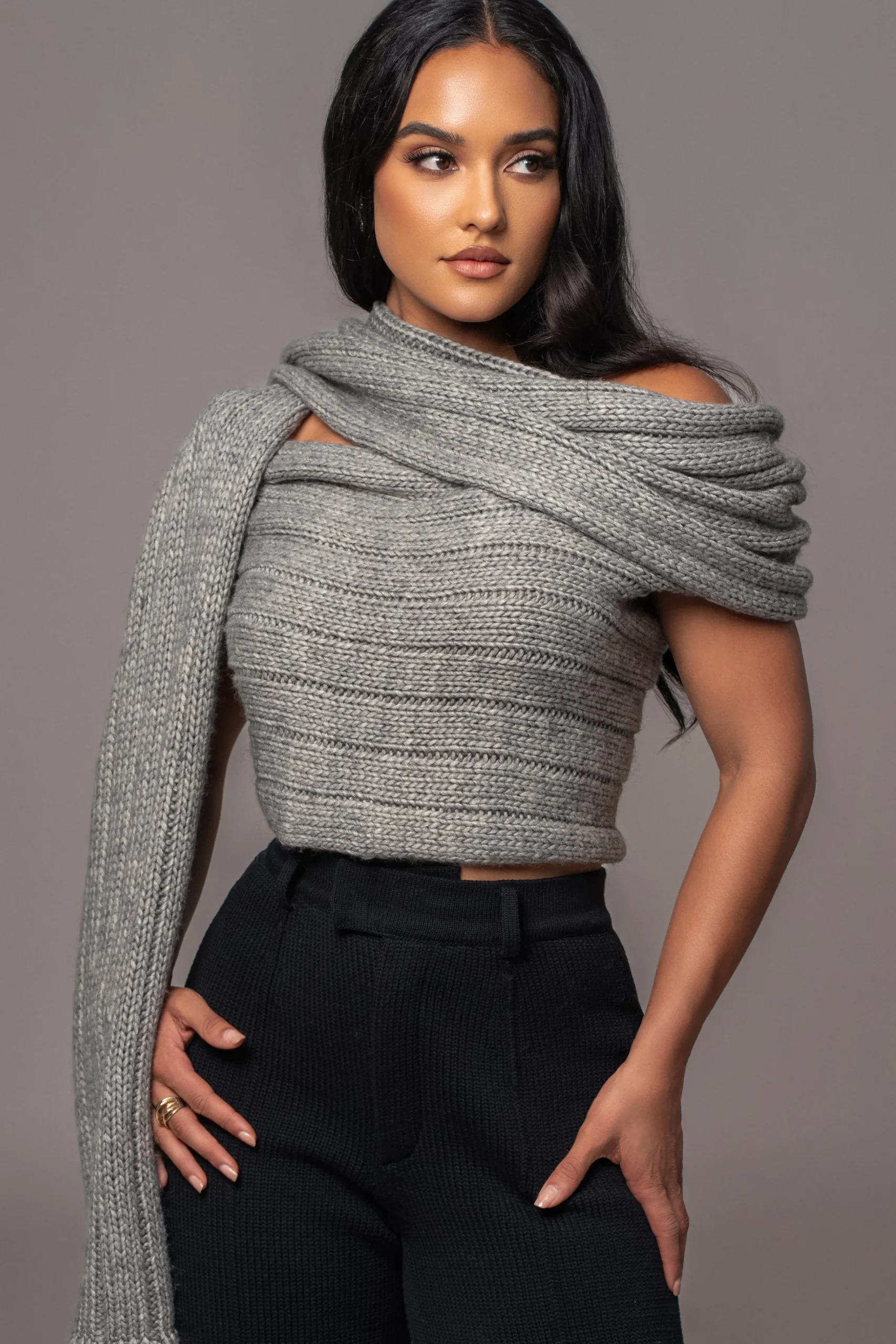 JLUXLABEL Grey Soft Life Cable Knit Sweater Top