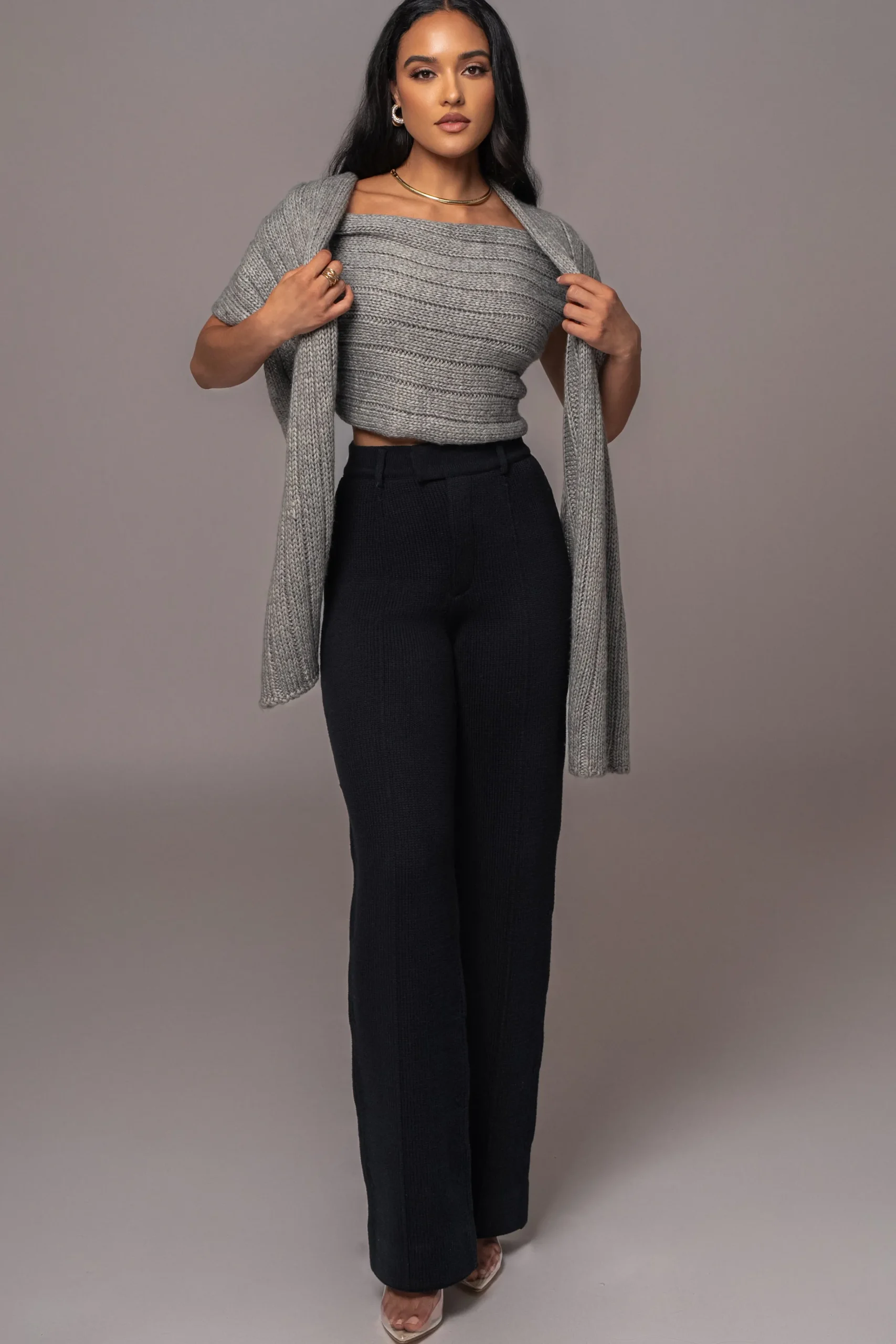 JLUXLABEL Grey Soft Life Cable Knit Sweater Top