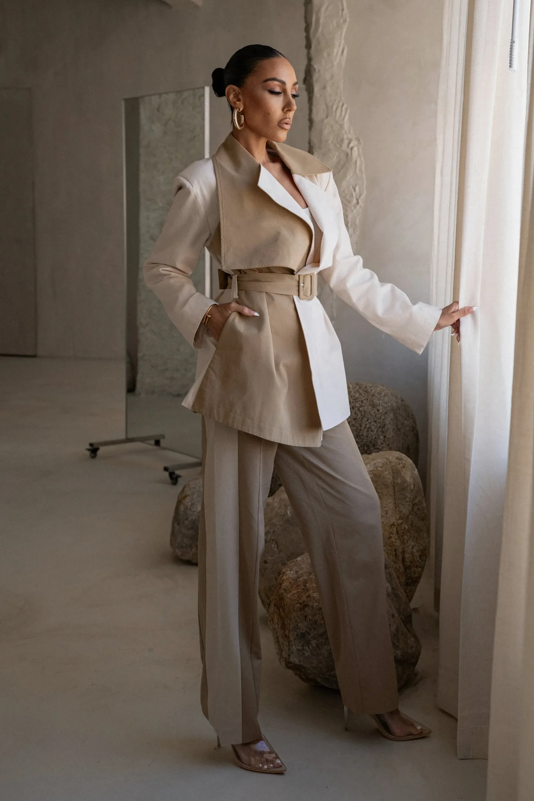 JLUXLABEL Ivory Color Block Summit Belted Jacket
