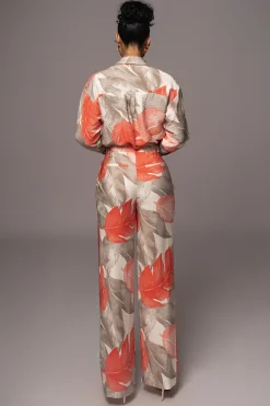 JLUXLABEL Ivory Palm Print Drew Crinkled Trousers