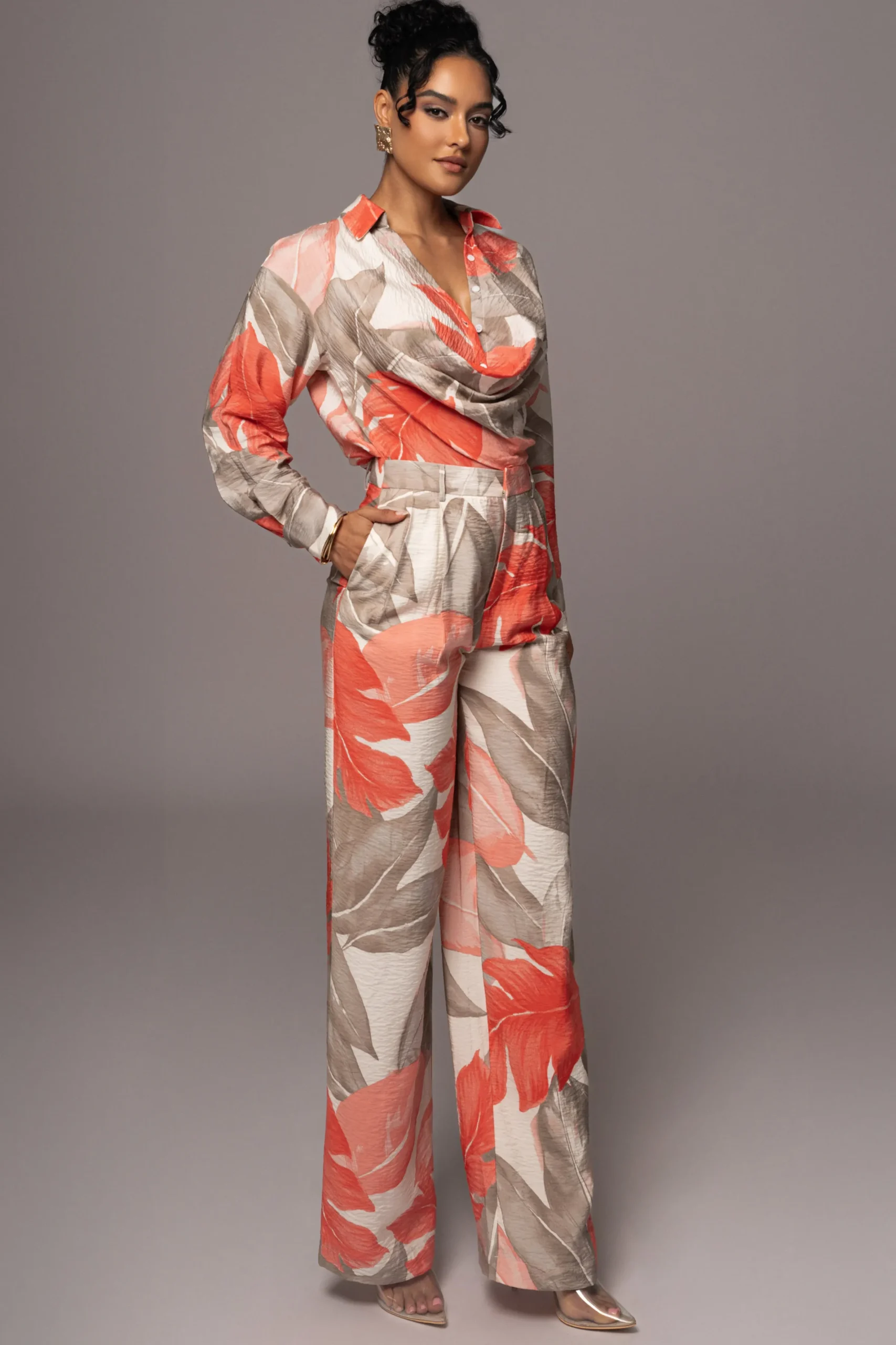JLUXLABEL Ivory Palm Print Drew Crinkled Trousers