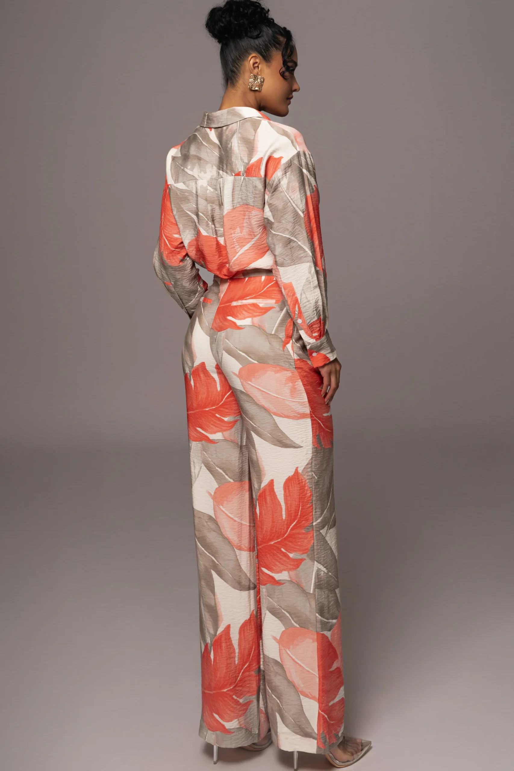 JLUXLABEL Ivory Palm Print Drew Crinkled Trousers