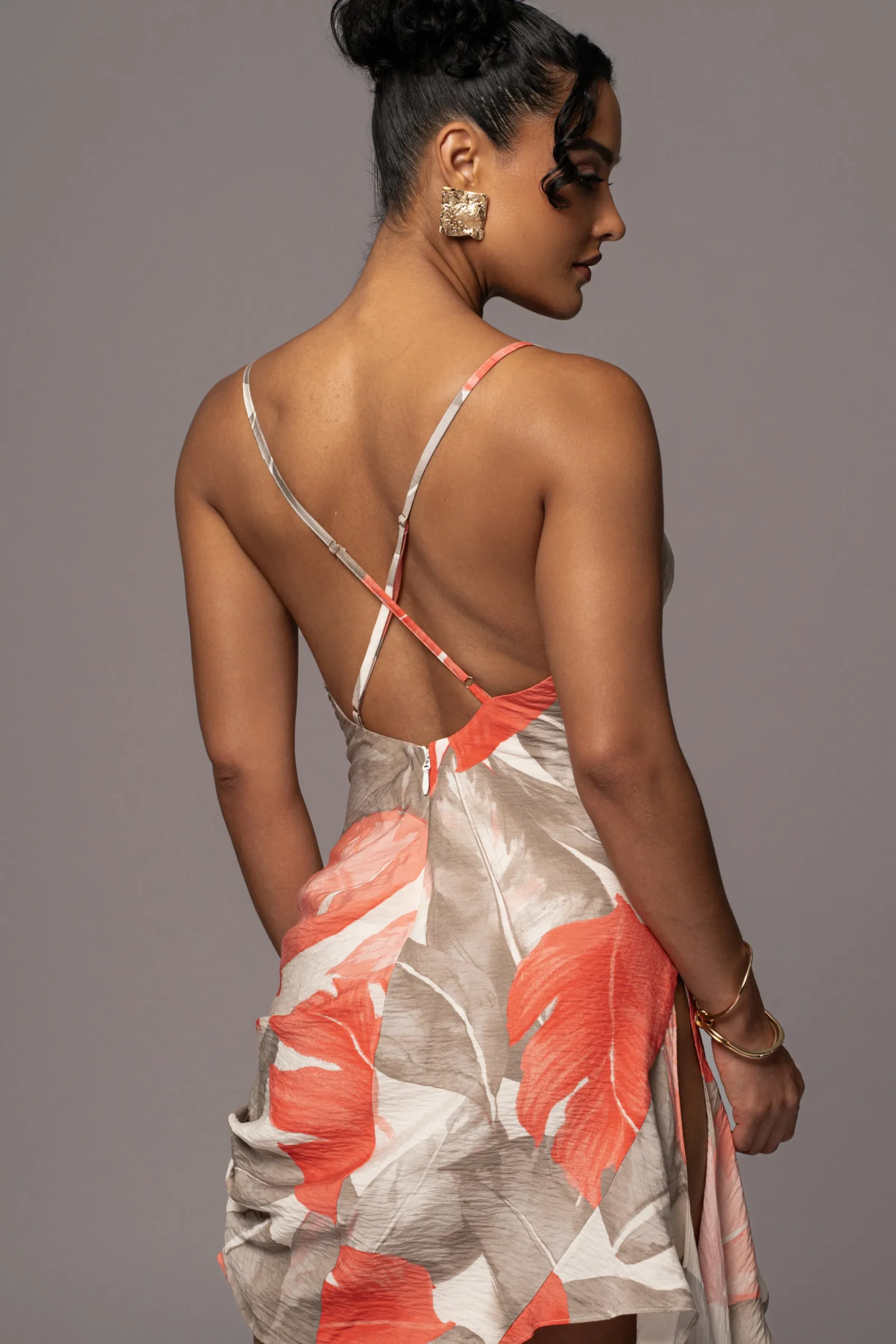 JLUXLABEL Ivory Palm Print Marise Drape Mini Dress