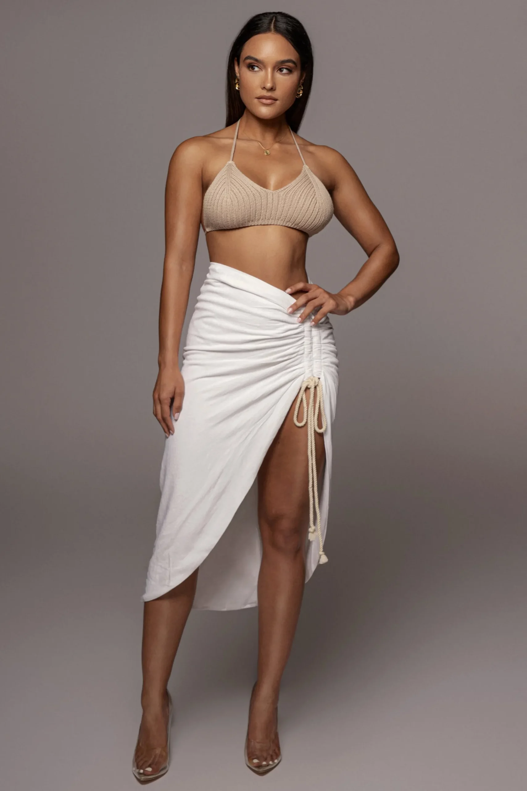 JLUXLABEL Ivory Spring Ruched Linen Skirt