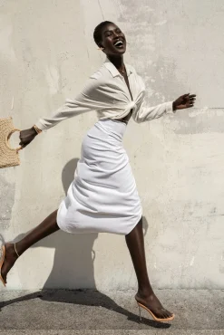 JLUXLABEL Ivory Spring Ruched Linen Skirt
