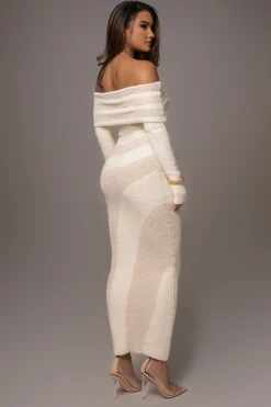 JLUXLABEL Ivory Sweater Knit Off The Shoulder Dress