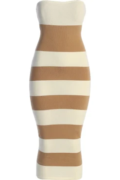 JLUXLABEL Ivory/Beige Striped Strapless Midi Dress