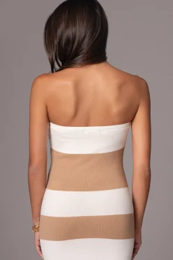 JLUXLABEL Ivory/Beige Striped Strapless Midi Dress
