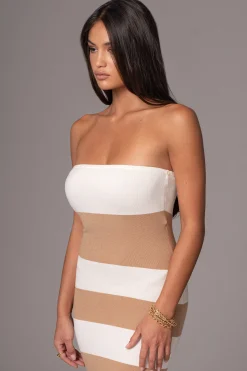 JLUXLABEL Ivory/Beige Striped Strapless Midi Dress
